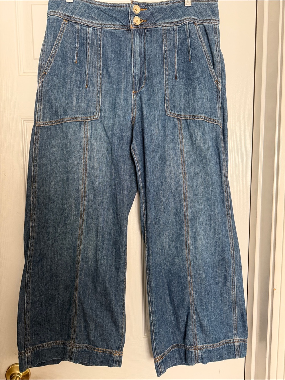 Pilcro and the Letterpress Light Blue Relaxed Wide-Leg Crop Jeans-great details!